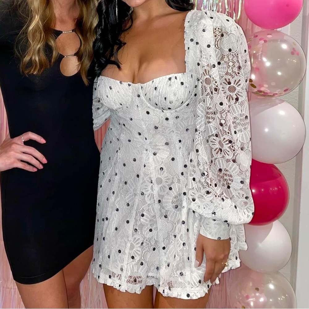 For Love & Lemons White Eyelet Mini Dress with Black Dots